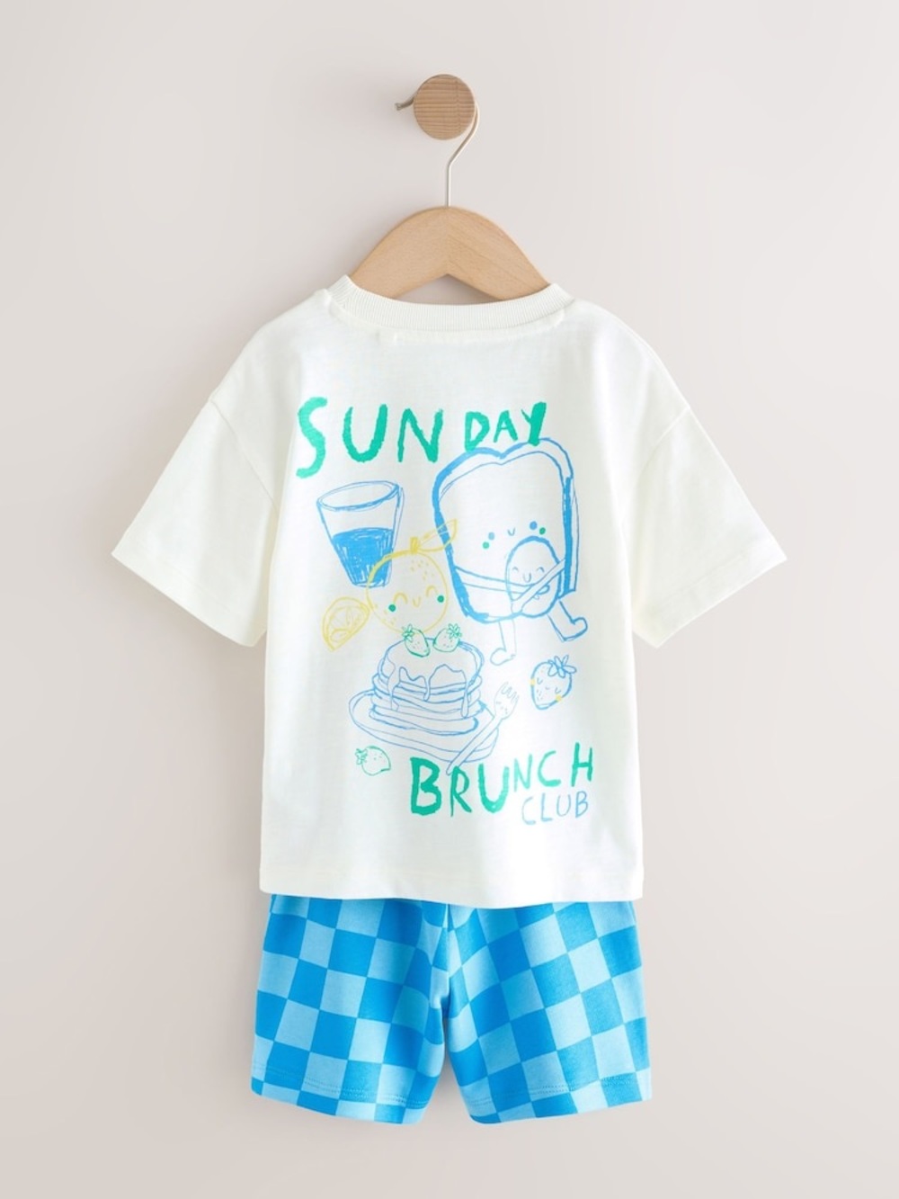 Next • NWT Kids 'Sunday Brunch Club' Tee & Checker Shorts - White & Bright Blue - Picture 2 of 2